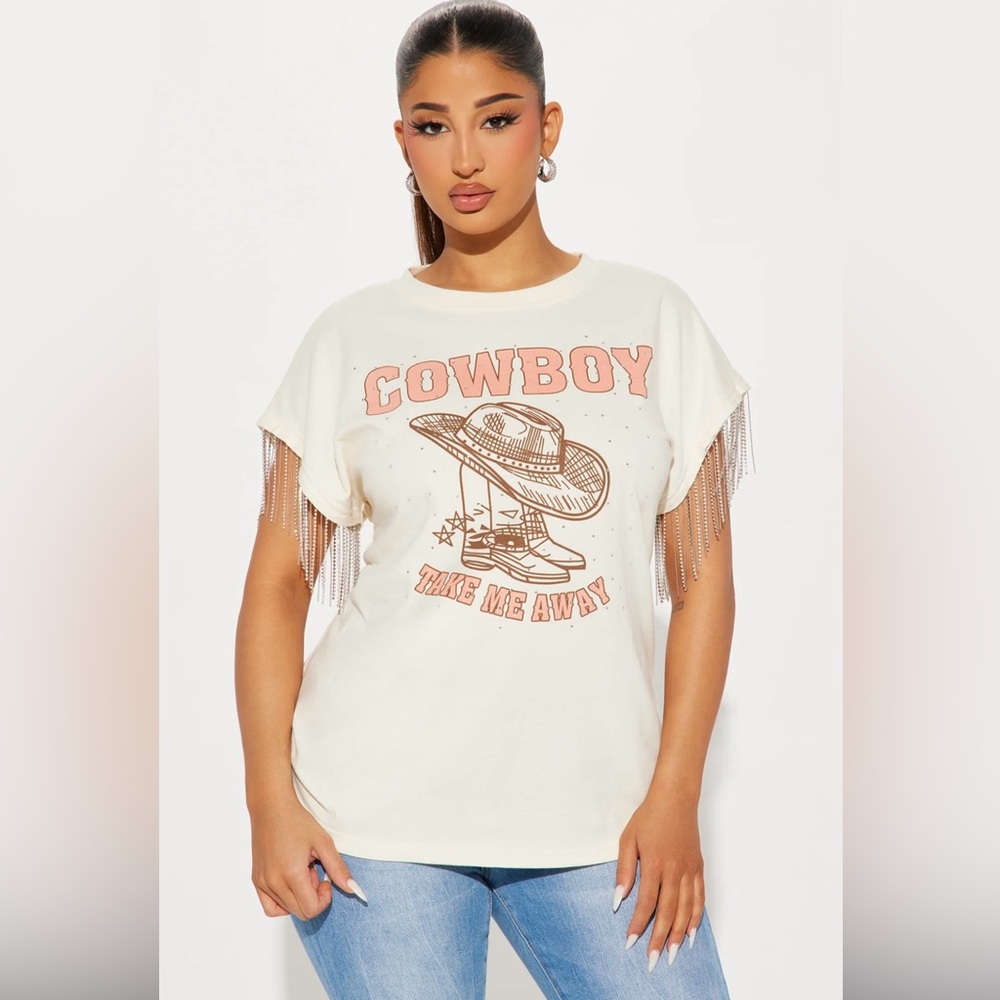 Cowboy Take Me Away Rhinestone Tee - Beige size 1X